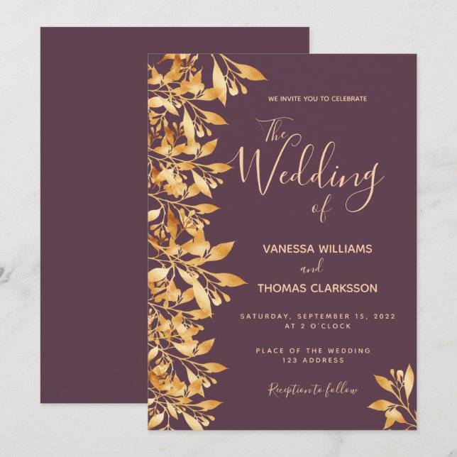 Invitation Mariage de script botanique en or violet Cassis (Devant / Derrière)