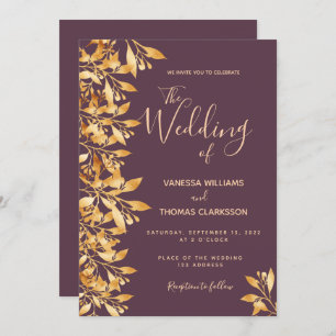 Invitation Mariage de script botanique en or violet Cassis