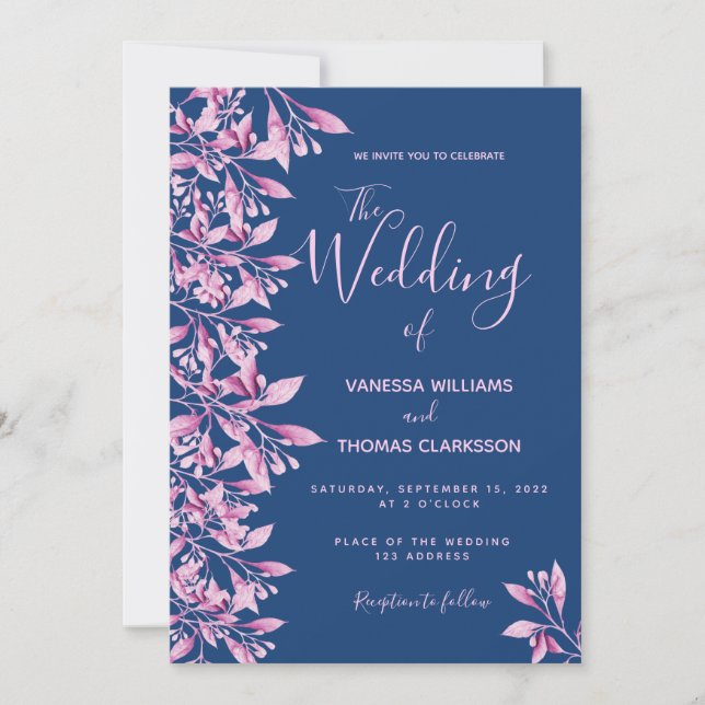 Invitation Mariage de script botanique floral rose bleu (Devant)