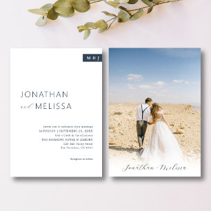 Invitation Mariage de script classique blanc et bleu marine