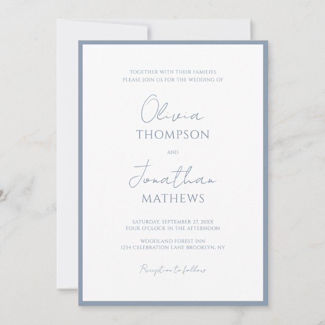 Invitation Mariage de script de bordure bleu simple et poussi (Devant)