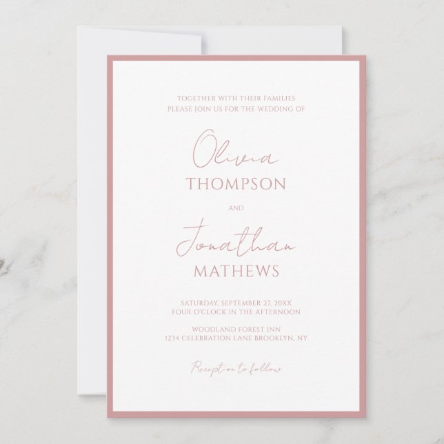 Invitation Mariage de script de bordure rose foncé simple (Devant)