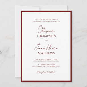 Invitation Mariage de script de bordure rouge bordeaux simple