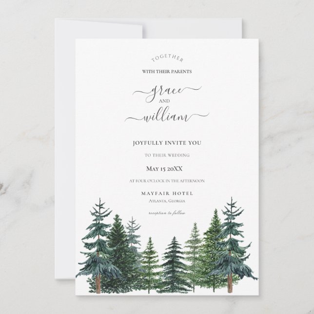 Invitation Mariage de script de calligraphie des arbres fores (Devant)