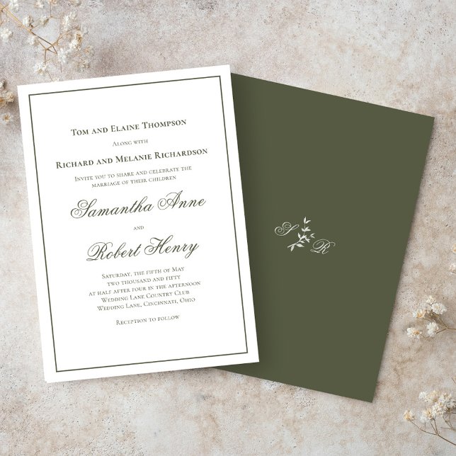 Invitation Mariage de script de calligraphie verte classique (Classic green elegant wedding invitations. )