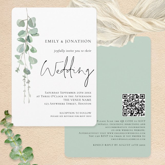 Invitation Mariage de script de code QR Eucalyptus moderne (Round corners - choose from 6 corner/edge different styles)