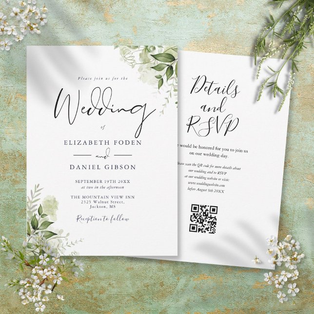 Invitation Mariage de script de code QR floral vert (Greenery Floral QR Code Script Wedding Invitation)