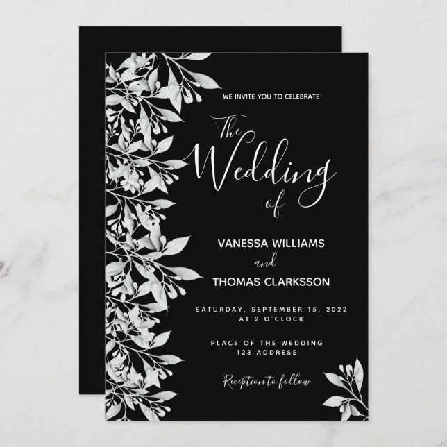Invitation Mariage de script de feuillage botanique noir (Devant / Derrière)