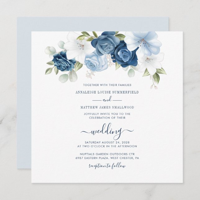 Invitation Mariage de script de fleurs bleu foncé (Devant / Derrière)