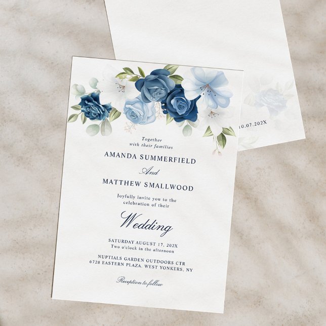 Invitation Mariage de script de la marine florale bleu poussi (Dusty Blue Floral Script Minimalist Wedding Invitation)