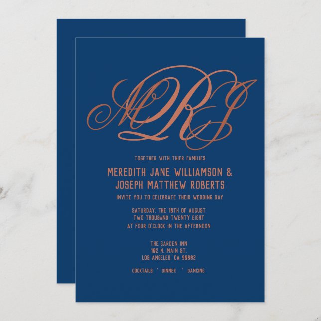 Invitation Mariage de script de monogramme élégant en cuivre  (Devant / Derrière)