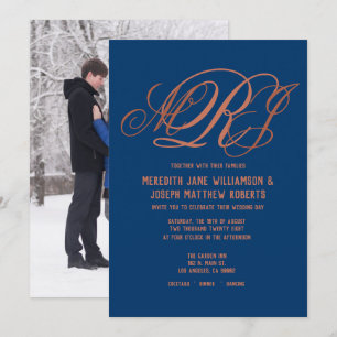 Invitation Mariage de script de monogramme élégant en cuivre 