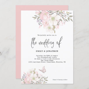 Invitation Mariage de script de papillon rose blanc Magnolia