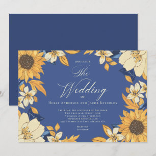 Invitation Mariage de script de tournesol d'aquarelle bleue