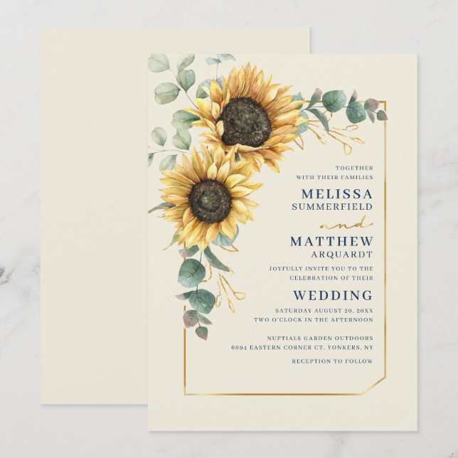 Invitation Mariage de script de tournesol floral Eucalyptus (Devant / Derrière)