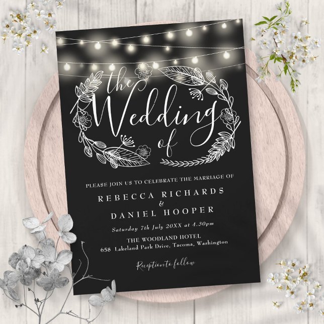 Invitation Mariage de script de voyants à chaînes noir et bla (Black And White String Lights Script Wedding Invitation)