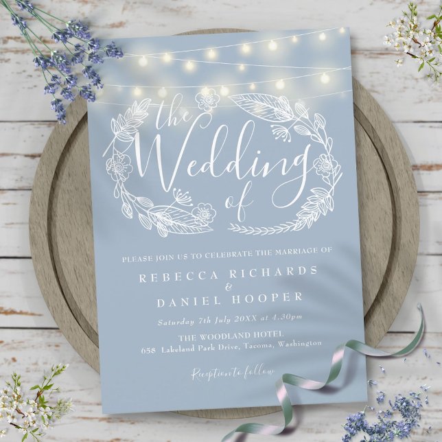Invitation Mariage de script Dusty Blue String (Dusty Blue String Lights Script Wedding Invitation)