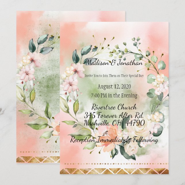 Invitation Mariage de script élégant de couleur d'eau Rose (Devant / Derrière)