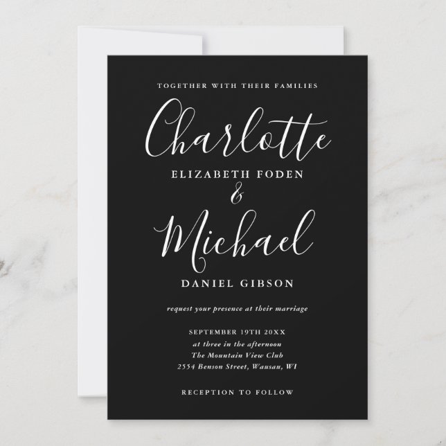 Invitation Mariage de script élégant noir et blanc (Devant)