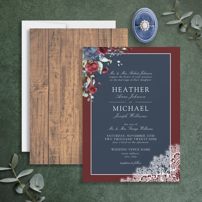 Invitation Mariage de script en bois bleu de la marine tradit (Créateur téléchargé)