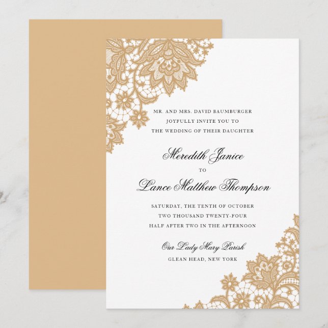 Invitation Mariage de script en noir et or du coin dentelle d (Devant / Derrière)