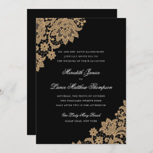 Invitation Mariage de script en noir et or du coin dentelle d