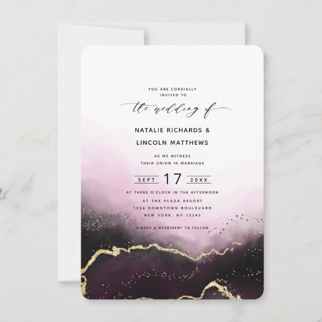 Invitation Mariage de script Ethereal Mist Ombre Wine Gold Fo (Devant)