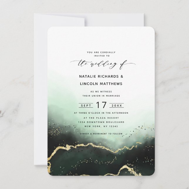 Invitation Mariage de script Ethereal Ombre Emerald Gold Foil (Devant)