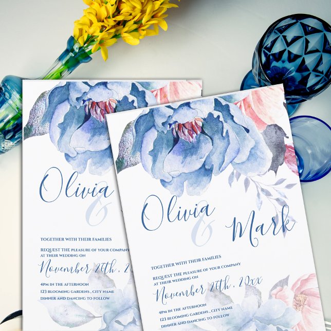 Invitation Mariage de script Floral de Pêche Bleu Aquarelle C (Cute Watercolor Blue Peach Floral Script Wedding Invitation)