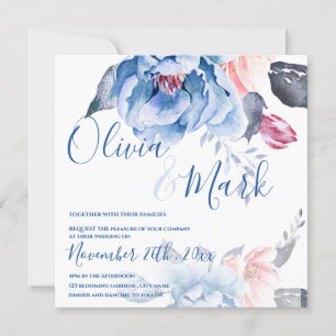 Invitation Mariage de script Floral de Pêche Bleu Aquarelle C