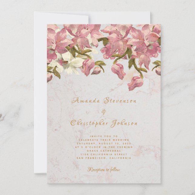 Invitation Mariage de script Floral rose et blanc orchidée (Devant)