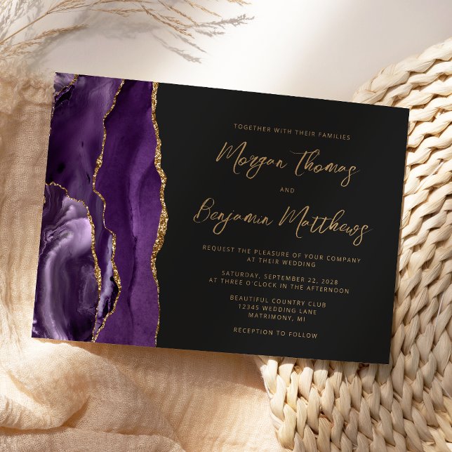 Invitation Mariage de script foncé Agate or violet (Créateur téléchargé)