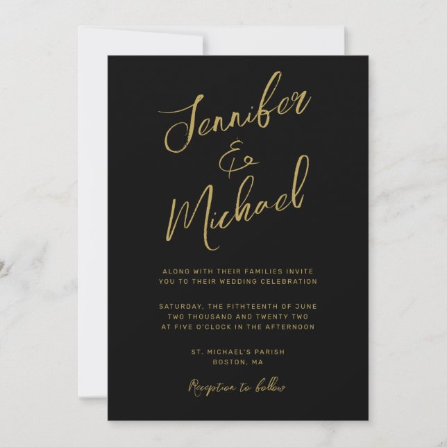 Invitation Mariage de script lettres d'or noir moderne (Devant)