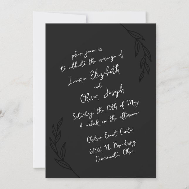 Invitation Mariage de script manuscrit noir et blanc (Devant)