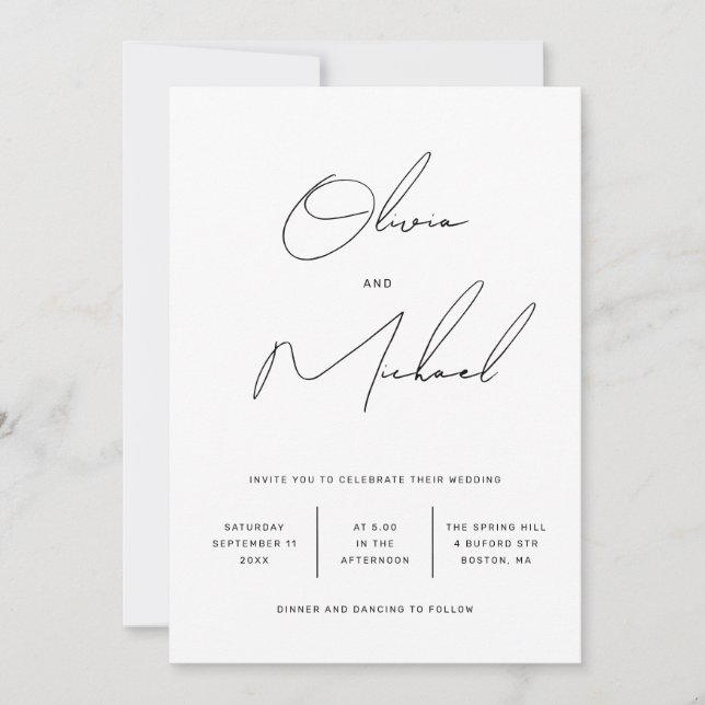 Invitation Mariage de script minimaliste noir et blanc + QR (Devant)