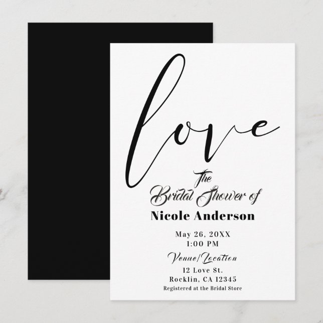 Invitation Mariage de script moderne Black & White LOVE (Devant / Derrière)