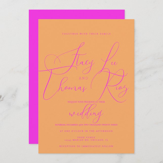 Invitation Mariage de script moderne Bold Bright Pink Orange (Devant / Derrière)