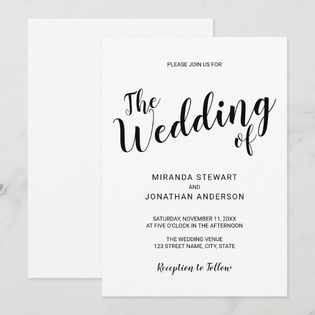 Invitation Mariage de script moderne minimaliste (Devant / Derrière)