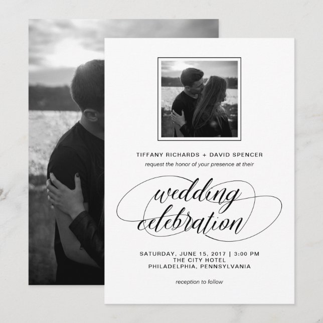Invitation Mariage de script noir et blanc (Devant / Derrière)