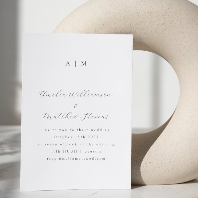 Invitation Mariage de script noir monogramme blanc classique (Créateur téléchargé)