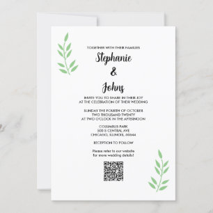 Invitation Mariage de script noir QR Code Sage Green Leaf