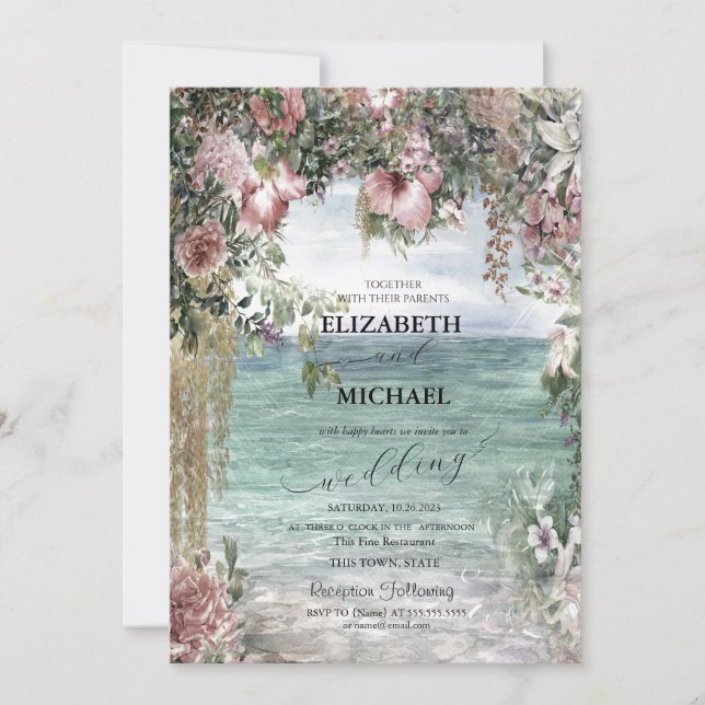 Invitation Mariage de script Ocean Flowers chic (Devant)