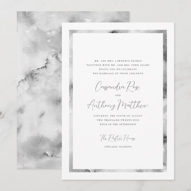 Invitation Mariage de script officiel de cadre noir et Marbre (Devant / Derrière)