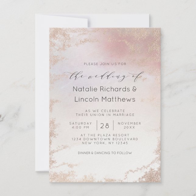 Invitation Mariage de script Ombre Blush Pink Frosted Foil (Devant)
