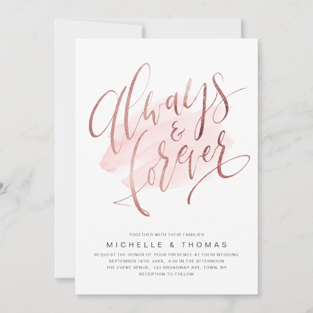 Invitation Mariage De Script rose Gold Blush Toujours Et Fore (Devant)