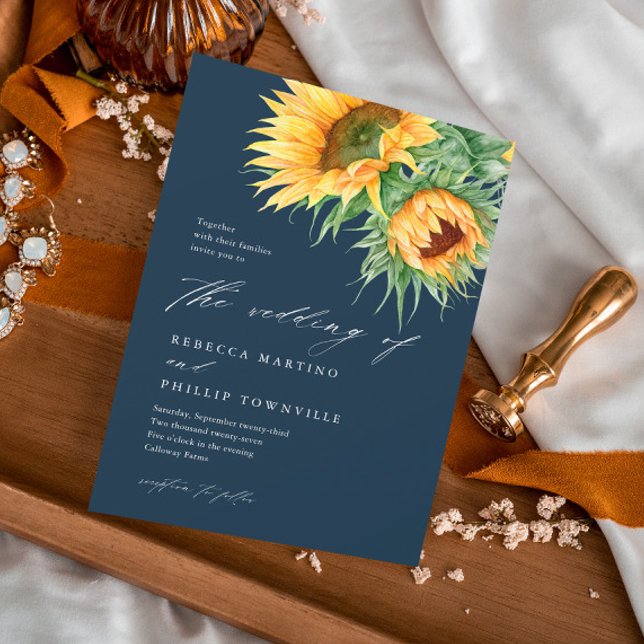 Invitation Mariage de script rustique de couleur de tournesol (An elegant, rustic sunflower wedding invitation with watercolor illustration and script typography.)