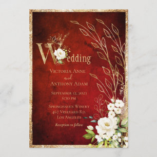 Invitation Mariage de script rustique Gold Red Floral