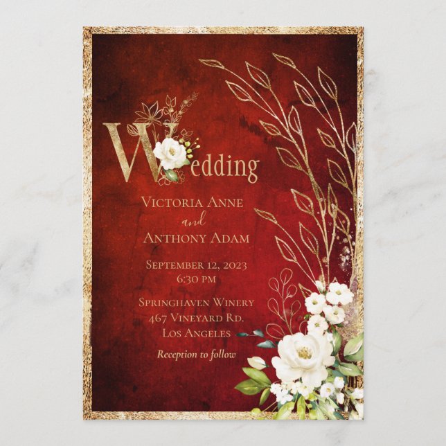 Invitation Mariage de script rustique Gold Red Floral (Devant)