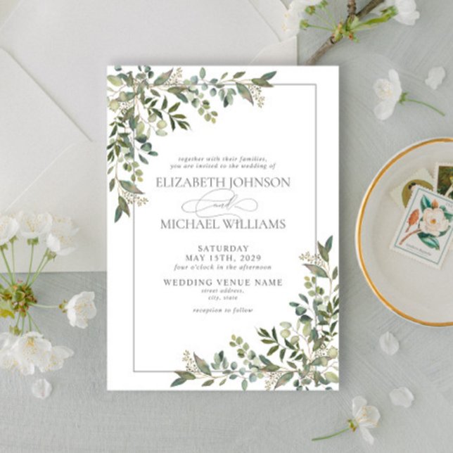 Invitation Mariage de script vert Eucalyptus Botanical Sage (Créateur téléchargé)