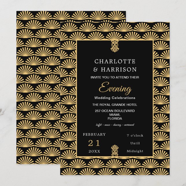 Invitation Mariage de soirée Art Déco Classy Black Gold (Devant / Derrière)